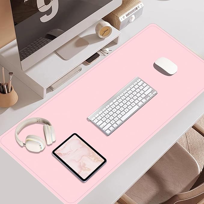 Large Desk Pad 35.4" x 17", Non-Slip Desk Mat with PU Leather & Natural Cork, Waterproof Writing Desk Natural Cork, Computer Mat Desk Protector for Office Home, Pink
