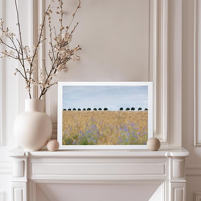 Monem Art Golden Meadow Horizon Landscape Print - Minimalist Nature Photography Poster - Wall Decor for Living Room, Bedroom or Office - 8x10 White Framed Wall Art by Mareike Bohmer