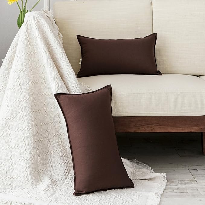 Jeanerlor Cotton Linen Square Decorative Throw Pillow Case Cushion Cover with Twin Needles Stitch on Edge, 12"x20"(30 x 50cm), 2 Pcs, Brown