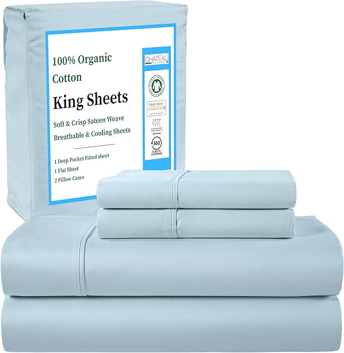 CHATEAU HOME COLLECTION Organic Cotton Sheets King Size – 100% Organic Sky Blue Bed Sheets, Deep Pocket Fitted Sheet, Cooling & Breathable, Sateen Weave, Fits Upto 17" Mattress