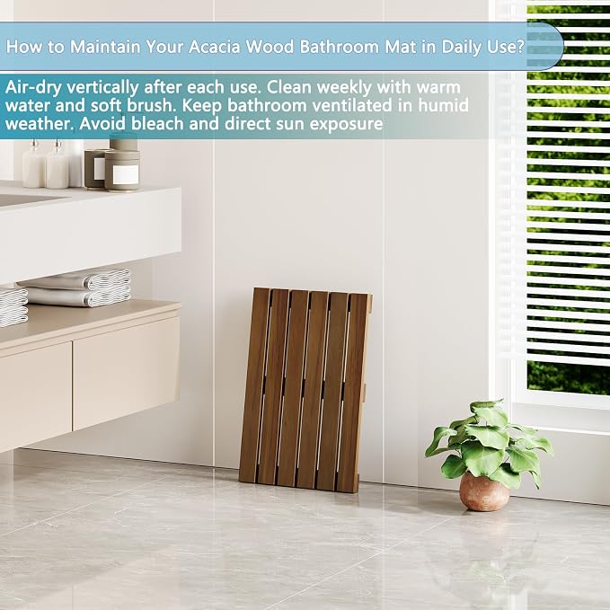 19.7"x13" Solid Acacia Wood Shower Mat, Non Slip Wooden Bath Mat, Indoor Outdoor Entryway Door Mat Multi-Purpose Plant Stand for Shower Bathtub Pool Spa Garden (Small)