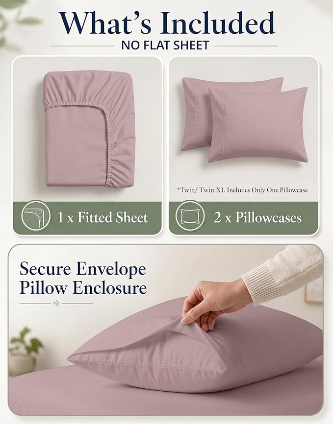 LANE LINEN 100% Organic Cotton Fitted Bed Sheets (+Pillowcase) 3 Pc Set Soft & Comfy Fully Elasticized Mercerized Cotton Deep Pocket Queen Fitted Sheet Fits Mattress Upto 15" Deep - Lilac