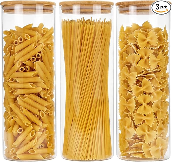 Moretoes 3 Pack 2qt Glass Storage Containers with Bamboo Press Lids, Large Airtight Food Storage Jars for Pantry, Flour, Sugar, Dry Goods