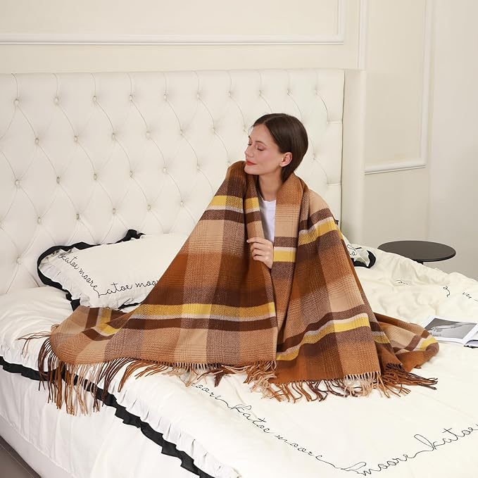 100% Wool Blanket Throw,Brown Plaid Wool Blanket with Compact Bag,Rustic Soft Lightweight Blanket for Couch,Sofa,Bed & Lounging Decoration, Warm Travel Blanket for Home, Airplane,Ideal Gifts 55"x83"