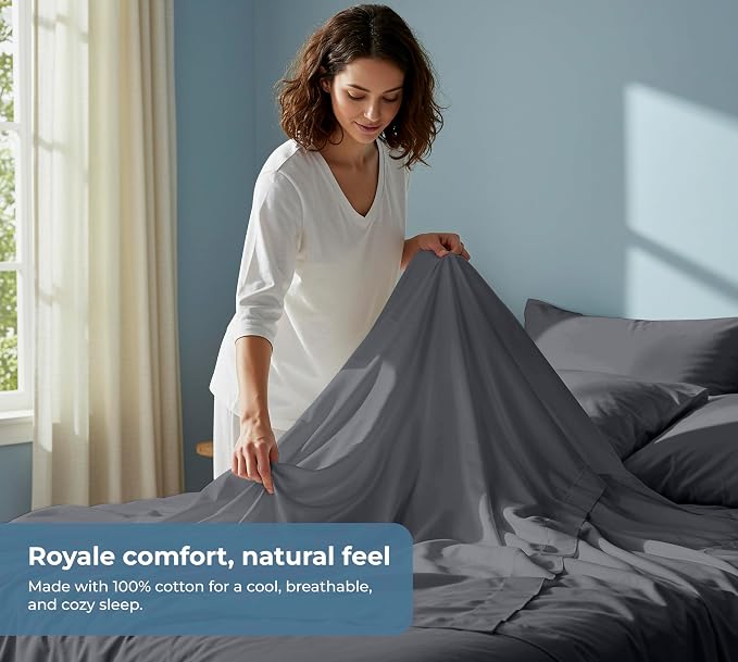 ROYALE LINENS 100% Organic Cotton Twin Sheet Set - Percale Weave - 3 Pieces Set - 1 Flat, 1 Deep Pocket Fitted Sheet and 1 Pillowcases - Grey Bed Sheets - Sábanas Twin - Crisp Cool (Grey)