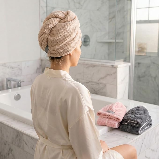 Microfiber Hair Towel Wrap for Curly Hair, Super Absorbent Quick Drying Hair Turban, Thick Lint Free Hair Drying Cap for Women Long Thick Hair, Lightweight 90g (Blue + Coffee)