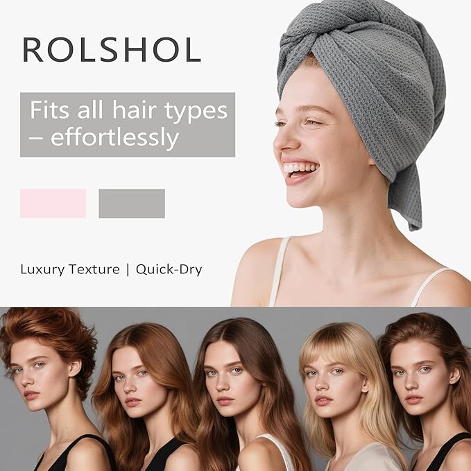 ROLSHOL 2 Pack Microfiber Hair Towel Wrap for Women, 32" x 11" Waffle Weave Hair Plopping Towel for Curly, Long & Thick Hair, Anti-Frizz Hair Turbans for Wet Hair (Pink, Grey)