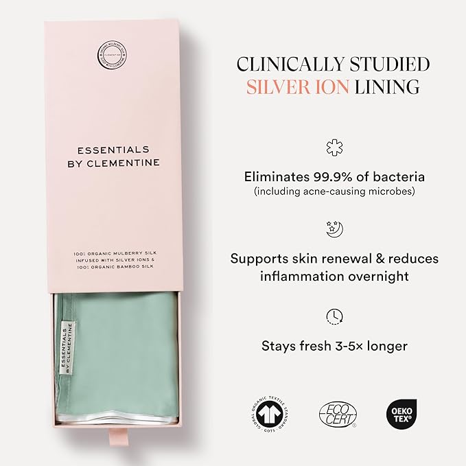 Clementine Sleepwear Essentials Organic King Size Pillowcase Match Point Green | Two-Tone Bamboo and Silver Ion Silk for Acne-Prone Skin, Anti-Aging, and Hydrated Hair and Skin