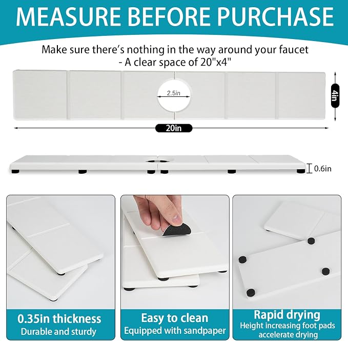 Fast Drying Faucet Mat for Kitchen Sink, Water Absorbent Diatomite Stone Sink Tray with Raised Feet, Kitchen Sink Splash Guard, Prevents Moisture Buildup, Durable Protector for Bathroom Counter