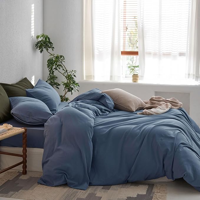 MooMee Super King Duvet Cover Set, 100% Washed Cotton Linen Twill Thick Sturdy Material Super Soft Breathable Durable Bedding for All Season, 3 Pieces （Blue, Super King 108"x98"