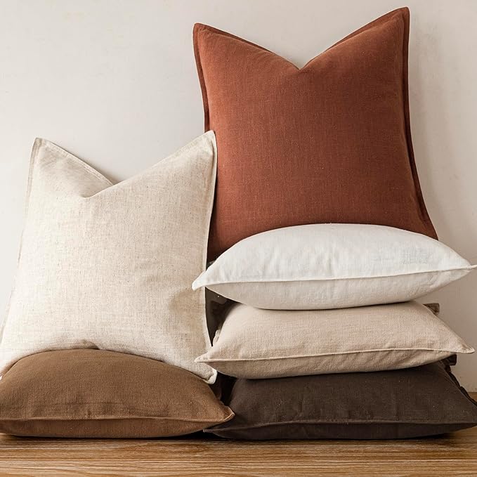 Foindtower Pack of 2, Decorative Linen Soild Throw Pillow Covers Soft Accent Cushion Case Farmhouse Neutral Pillowcase for Chair Couch Sofa Bedroom Living Room Home Decor 18 x 18 Inch Fall Rust Orange