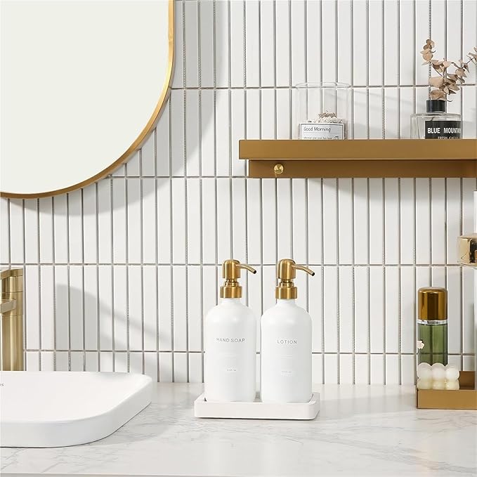 Liquid Dispenser Soap Dispenser Set Glass with Stainless Steel Pump Countertop Soap Bottle(Gold Pump+White Bottle)