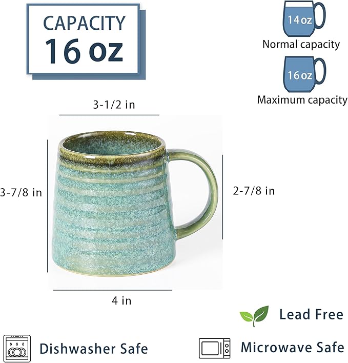 Large Ceramic Coffee Mugs, Handmade Pottery Mug, Tea Cups with Handle for Office and Home, 16 oz, Dishwasher and Microwave Safe (Crystal Green)