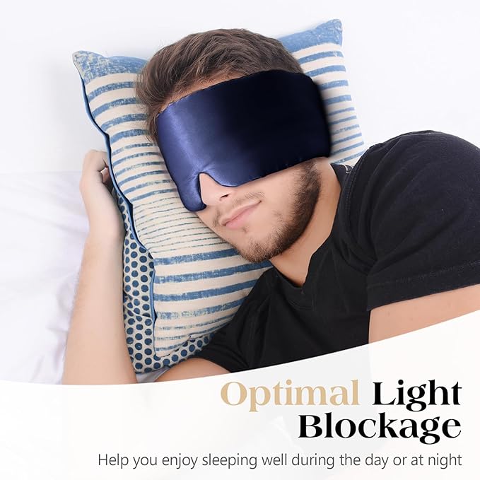 100% Natural Mulberry Silk Sleep Mask, Comfortable Soft for Deep Sleep, Blackout Effect, Wide Adjustable Band, Eye Mask for Women and Men. Ideal for Travel, Office, Daily(Navy Blue)