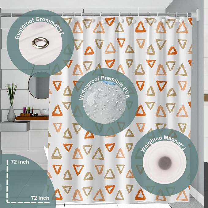 Plastic Shower Curtain Liner, Premium EVA 5G Triangle Shower Curtain, Shower Curtains for Bathroom with 3 Magnetic Weights and Rustproof Grommets (Triangle, 72x72 in)