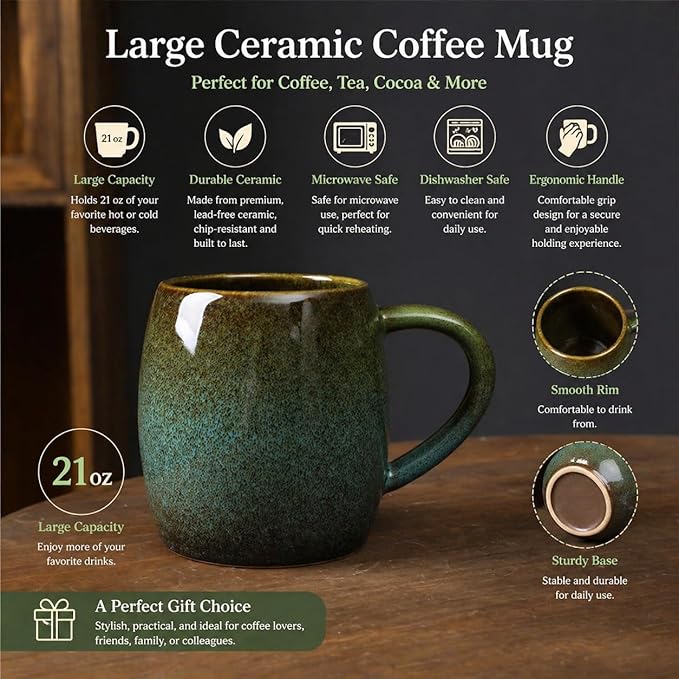21oz Large Handmade ceramic Mug, Big Ceramic Tea Cup, Durable and Heavy Microwave and Dishwasher Safe Pottery Coffee Mug with Handle, Reactive Glaze Stoneware Clay coffee mug (Dark Green and Blue)