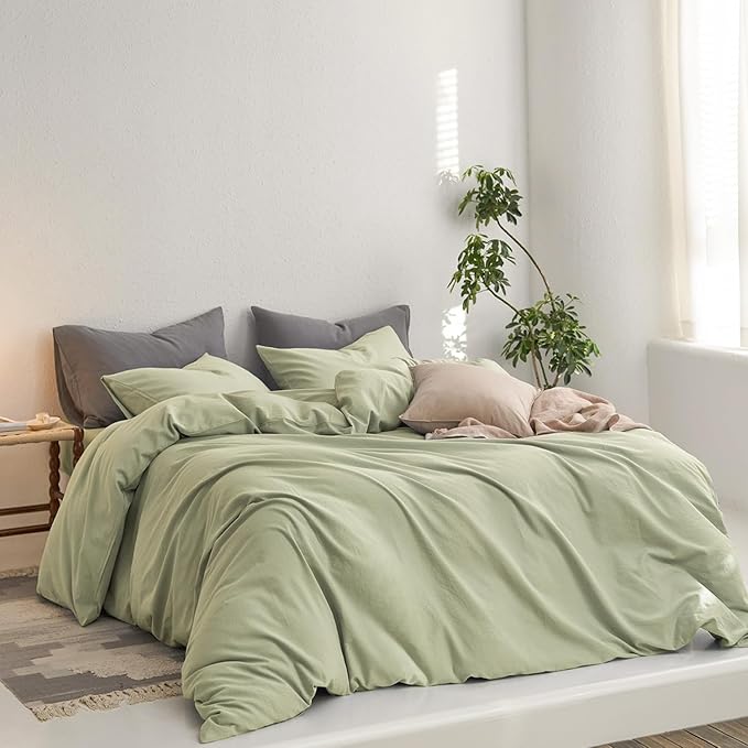 MooMee Queen Duvet Cover Set, 100% Washed Cotton Linen Like Twill Thick Sturdy Material Super Soft Breathable Durable Bedding for All Season, 3 Pieces (Mist Sage, Queen 90"x90")