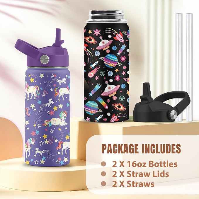 16 oz Water Bottle with Straw Lid, 2 Pack Set, Space Unicorn Gifts for Boys Girls, Stainless Steel Insulated Water Bottles for School Travel Outdoor Sports, Cute Universe Unicorn Cups