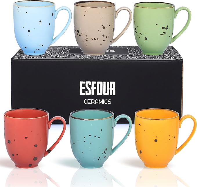Esfour Ceramics Coffee Mugs Set Of 6, 14 Oz Large Handle Heavy Duty Cups - Microwave Dishwasher Safe - Latte, Cappuccino, Tea, Cocoa, Mocha - Men, Women, Home Office Daily Use, Vivid Assorted Colors