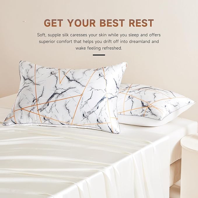 THXSILK Natural Mulberry Silk Pillowcase for Hair and Skin, Grade 6A+ Mulberry Silk Pillow Case, Durable, Soft and Breathable Silk Pillow Case (King 20"x36", White Marble)