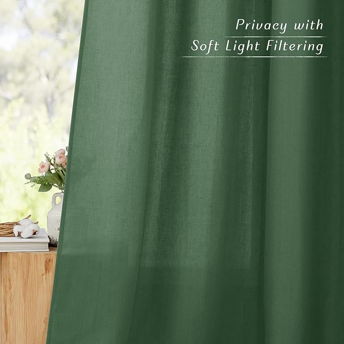 NICETOWN Olive Green Curtains 84 inch Length 2 Panels, Rod Pocket & Back Tab Linen Blend Privacy Added Thick Flax Light Filtering Semi Sheer Window Drapes for Bedroom/Living Room, W55 x L84