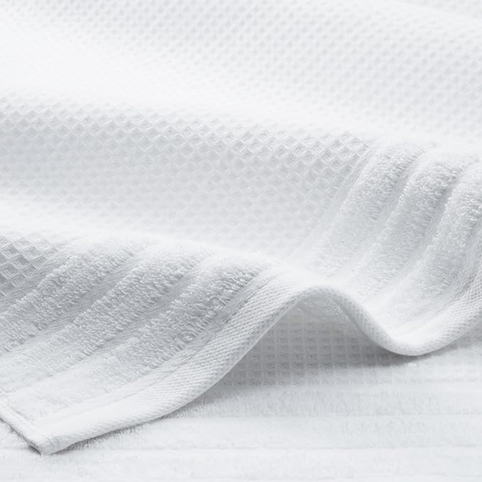Town & Country Basics 4-Piece Waffle Woven Terry Stripe Bath Towel Set, 30x56-Inch, 100% Cotton, Quick Dry, White
