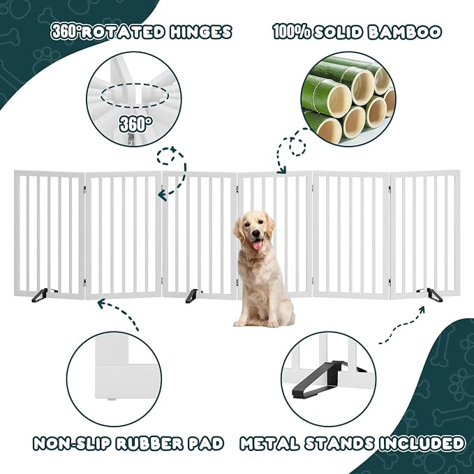Freestanding Extra Wide Dog Gate Indoor, 6-Panel Wooden Pet Gate with 2 Metal Stands and 360°Hinge, Tall Dog Gates for Doorways, Stairs, Doorways, Kitchen, Foldable Safety Fence, 110"W x 32"H - White