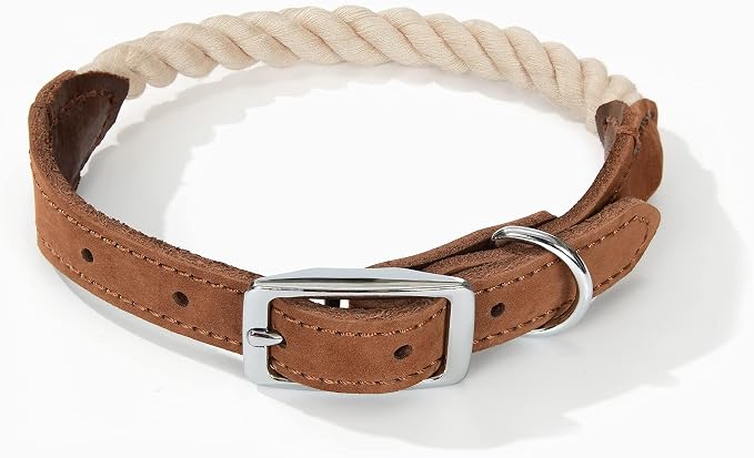Mile High Life Genuine Leather Dog Collar, Durable Braided Cotton Rope Collar with Metal Pin Buckle for Small Medium Large Dogs (Beige, L Neck 17"-21")