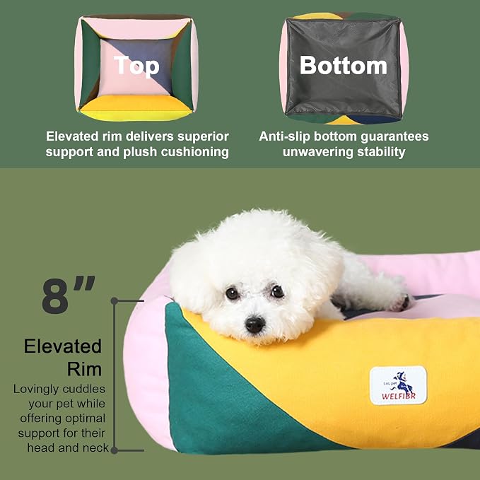 Cotton Canvas Dog Bed, Pink Dog Beds for Small Dogs, Puppy Bed with Washable Removable Cover, Durable 290 GSM Cotton Anti-Chewing Pet Bed with Anti-Slip Bottom (24"x20"x8", Pink&Yellow&Green)