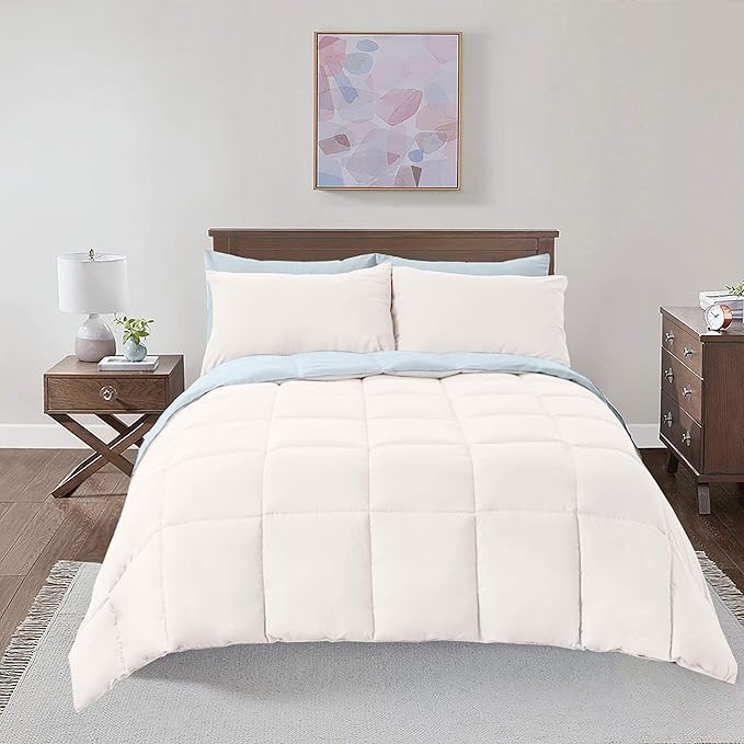 Royal Hotel Bedding Soft and Plush Down Alternative Comforter - Reversible with 2 Colors Duvet Insert Comforter - Hypoallergenic Hotel Plush Down-Alternative - Oversized King, Light Blue and White