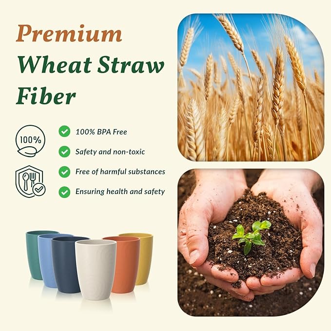 Homienly Wheat Straw Cups Unbreakable Plastic Cups Reusable Drinking Cups for Kitchen, Camping, Picnic, RV, Microwave & Dishwasher Safe Tumblers 16 oz Cups for Kids, Water, Juice, Set of 6 (Multi)
