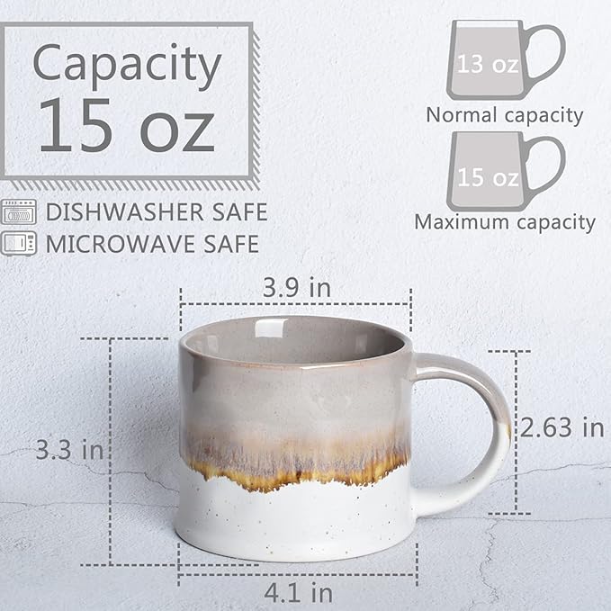 Bosmarlin Medium Ceramic Coffee Mug Set of 2, 15 oz, Stoneware Tea Cup for Office and Home, Dishwasher and Microwave Safe (Grey, 2)