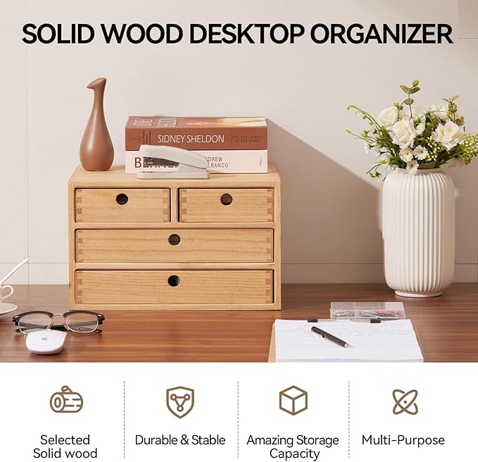 KIRIGEN Wood Desktop Storage Cabinet with 4 Drawers, 3-Tier Desk Organizer for Letter-Size Paper, Mail, Home Office Supplies, Makeup, Crafts, Desk or Countertop, Fully Assembled WJG34-NA