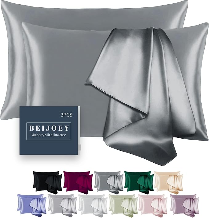 100% Mulberry Silk Pillowcase 2 Pack for Hair and Skin,with Hidden Zipper,Both Sides 19 Momme 600 Thread Count Natural Silk Pillow Cover,Soft Breathable Smooth (Gray, Standard 20''x26'')