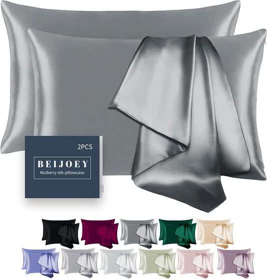 100% Mulberry Silk Pillowcase Set of 2 for Hair and Skin,with Hidden Zipper,Both Sides 19 Momme 600 Thread Count Natural Silk Pillow Cover,Soft Breathable Smooth (Gray, King 20''x36'')