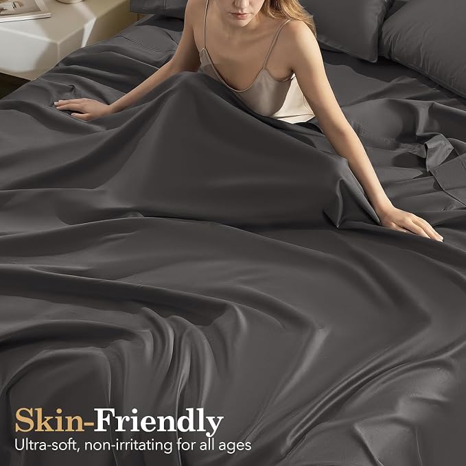 SONORO KATE 100% Organic Cotton Sheets Set - 600 Thread Count, GOTS Certified Cotton Bed Sheets, Soft, Breathable & Silky Sateen Weave Sheets, 16" Deep Pockets - 4 PC (Dark Grey,Queen)