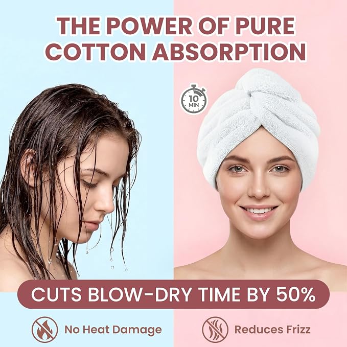 Mandydov 100% Cotton Hair Towel Wrap for Women, 2 Pack Thickened & Super Absorbent Turbans, Anti Frizz Quick Dry Hair Towels (White, Pink)