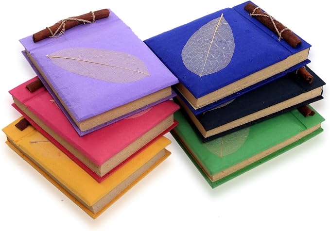 NOVICA Purple Pink Green Yellow Recycled Natural Fiber Notebooks With Rice Paper, 'Happy Leaf' (Set Of 6)