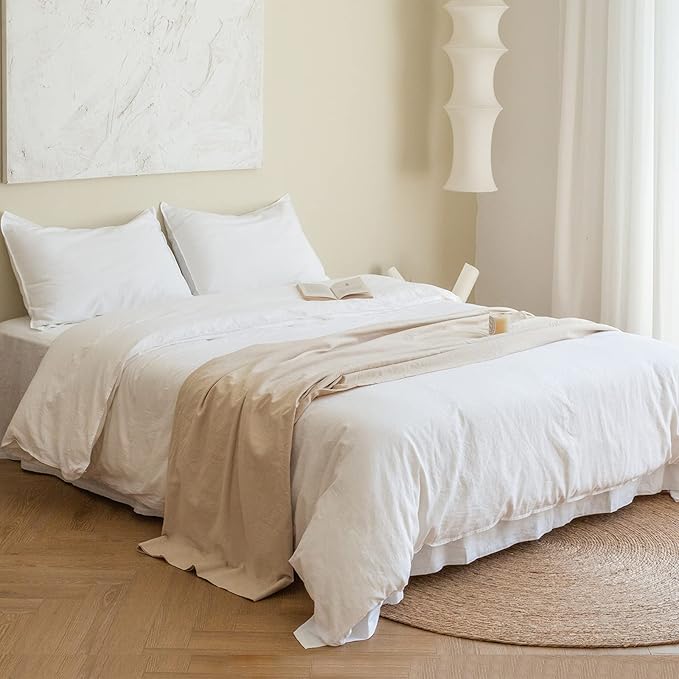 BISELINA French Linen Duvet Cover Set 3pcs with Hidden Zipper Closure Natural Flax Cotton Blend Solid Color Soft Breathable Luxury Farmhouse Bedding -Full Size, White