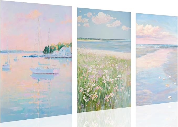 HUYKON Coastal Pink Wall Art Set of 3 Maximalist Ocean & Beach Landscape Canvas Poster Trendy Sailboats Flowers Sunset Painting Pastel Picture Prints for Bedroom Home Decor 16x24inch Unframed