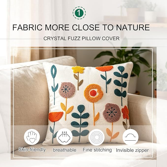 Embroidered Throw Pillow Cover 18x18 Inch,Cotton Canvas Floral Pillow Case, Daisy Wildflower Leaf Boho Farmhouse Decorative Cushion Square for Sofa Bedroom Living Room Outdoor Couch Farmhouse (A003)