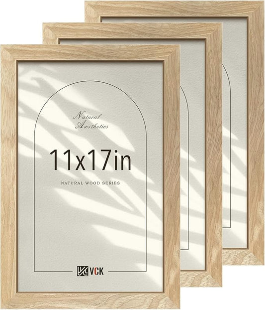 VCK 11x17 Picture Frame Set of 3, Natural Solid Wood Wall Gallery Poster Frame, Exclusive Wood Grain, Beige