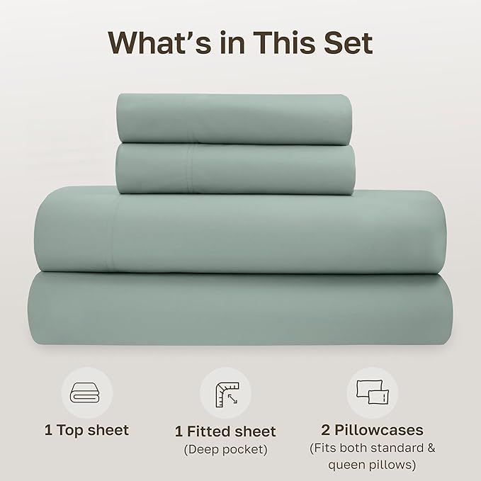 California Design Den Soft 100% Organic Cotton Sheets Queen Size Set - Crisp and Cool Percale Sheets Queen, Deep Pockets with Anti-Skid Elastic, Breathable and Durable Bedding Set - Sage Green