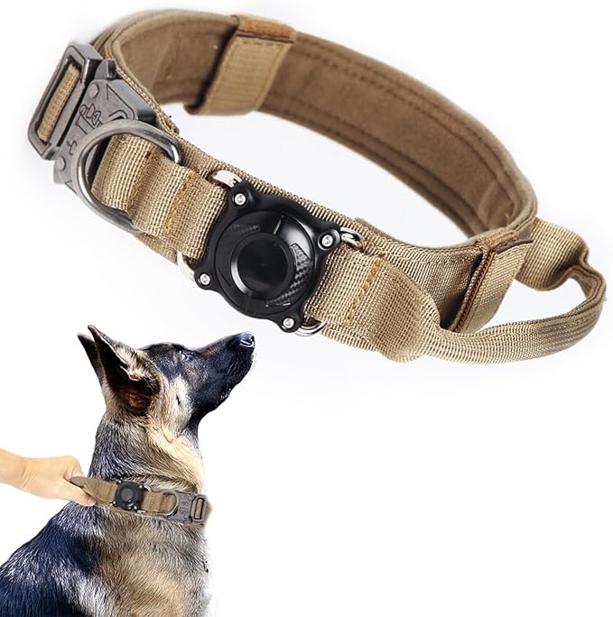 Upgraded AirTag Dog Collar,Waterproof Tactical Dog Collar with AirTag Holder, Control Handle and Metal Buckle,Heavy Duty Dog Collars for Large Dogs(Brown，M
