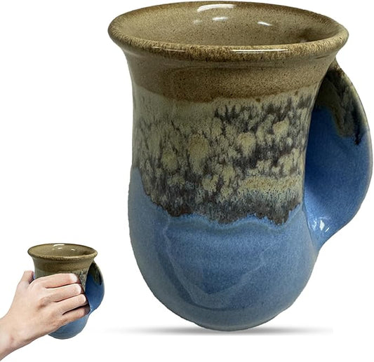 Clay in Motion Hand Warmer Coffee Mug – Handmade Coffee Mug With Comfortable Handle Contoured Pocket Hand Warming Ceramic Coffee Mug – Proudly Made in USA – Right Handed – 14 Oz - Sandy Beach