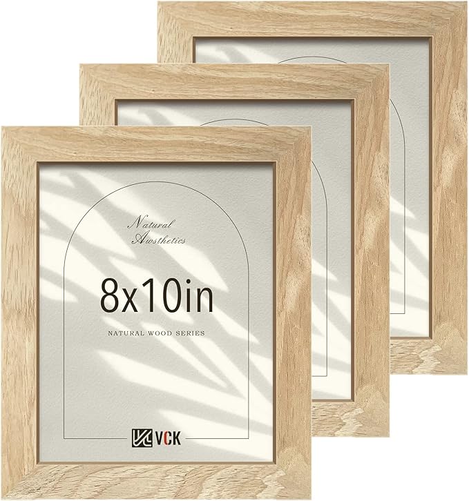 VCK 8x10 Picture Frame Set of 3, Natural Solid Wood Beige Frame with Exclusive Wood Grain, Tabletop Display & Wall Mounting for Home Decor