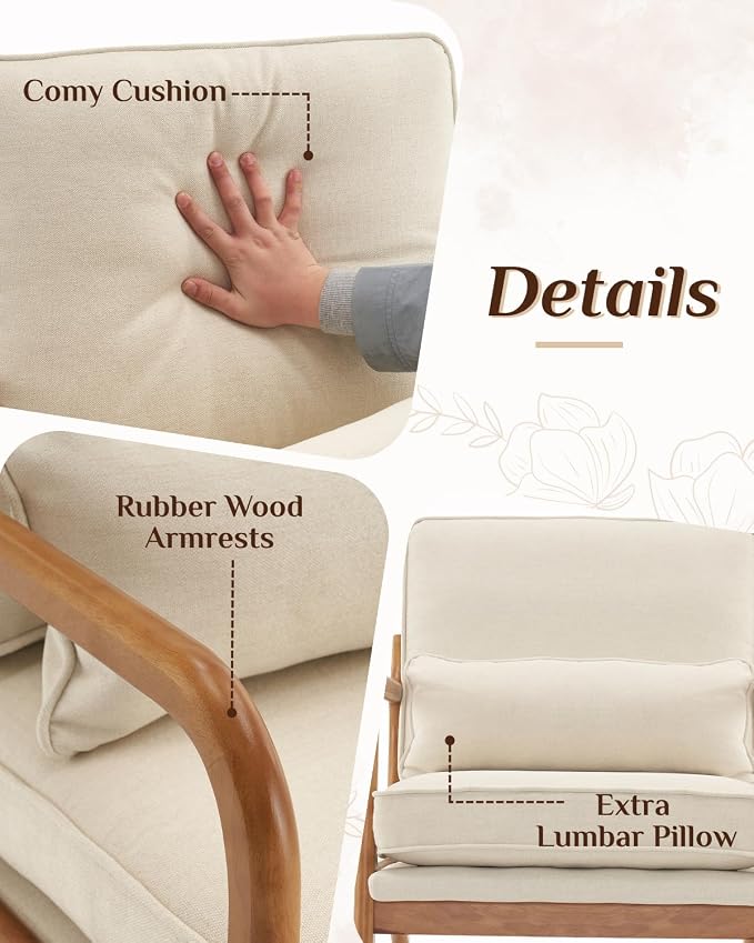Karl home Mid-Century Modern Accent Reading Chair, Beige | Linen Upholstered, Solid Wood Frame, Soft Cushion, Lumbar Pillow, Lounge Armchair for Living Room, Bedroom, Balcony, Study