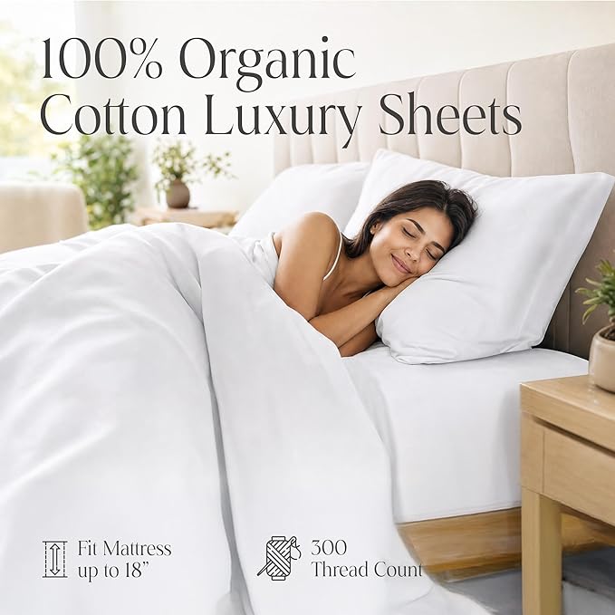 Delilah Home 100% Organic Cotton California King BedSheet set, GOTS & Vegan.org Verified Long Stem 300 TC Sateen Bedding Non-Synthetic Deep Pocket Fitted Linen, Lightweight, All-Season, 4Piece - White