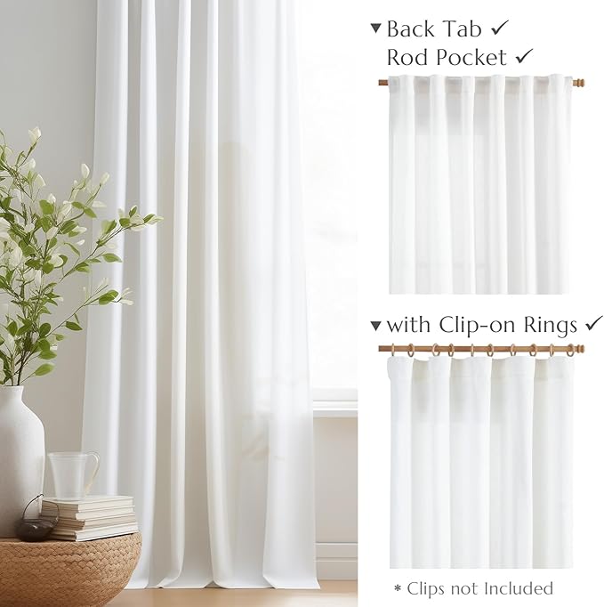 jinchan Soft Linen Curtains Set 2 Panels, Off White Curtains 63 Inch Length, Farmhouse Light Filtering Drapes for Living Room Bedroom, Sheer White Drapes Back Tab Top (W50 x L63, Off White)