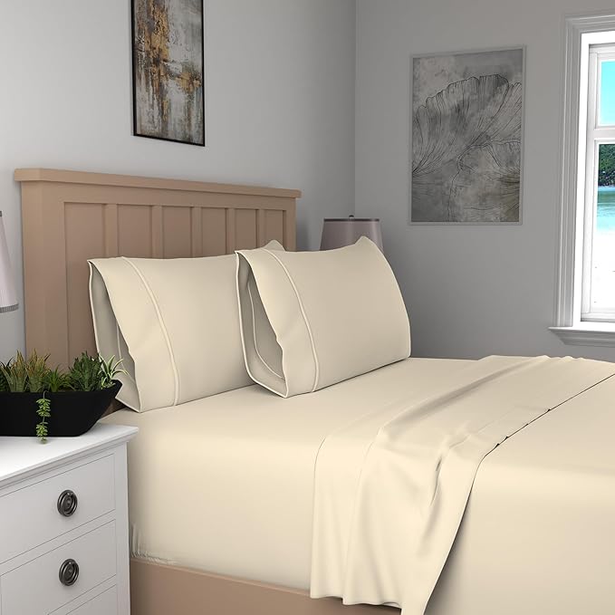SUPREME ELEGANCE Organic 100% Cotton Light Ivory Full Size Bed Sheets, Percale Weave Cotton Sheet Set for Full Size Bed, Ultra-Soft Cool & Crisp, Breathable, Fits Mattress Upto 16" Deep